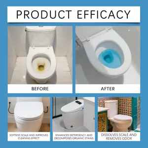 Detailed before and after comparison of toilet cleaner tablets effectively removing stains and odor.