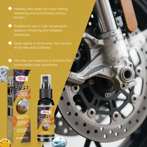 Macro view of rust remover spray being applied to a rusty motorcycle wheel disc