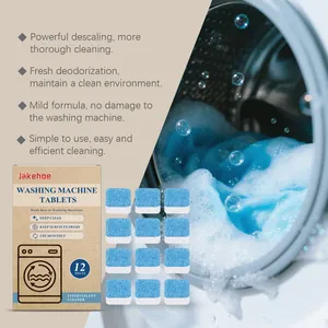 Close-up of 12 blue effervescent cleaning tablets and a washing machine drum scene