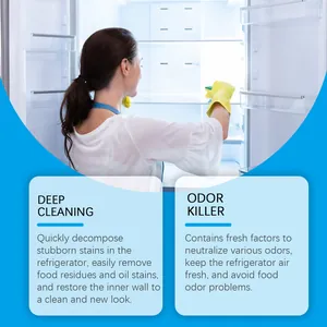 Dettaglio di donna che pulisce il frigo con compresse detergenti e elimina odori.