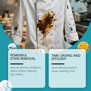 Detailed demonstration of powerful fabric stain removal on a white chef's uniform.
