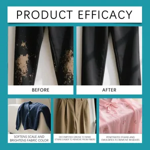 Detail view showing fabric stain remover results on different types of clothing fabrics.