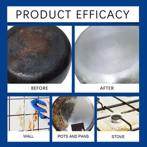 Effectiveness of multipurpose cleaning paste shown on pots, tiles, and greasy stoves.