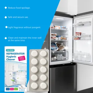 Dettaglio delle pastiglie per la pulizia del frigo accanto a un frigo pulito.