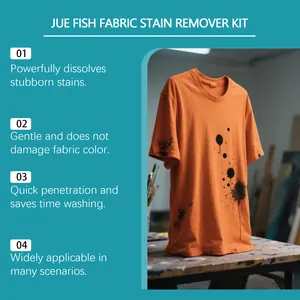 Jue Fish fabric stain remover kit shown with an ink-stained orange t-shirt detail.