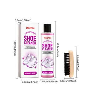 Detail view showing JAKEHOE shoe cleaning kit components with precise measurements.
