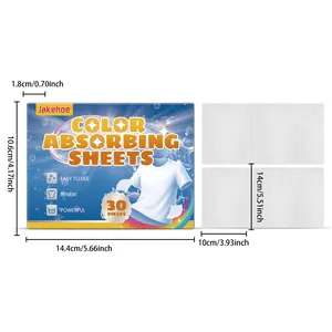 Detailed dimensions for JAKEHOE laundry color absorbing sheets in a 30 pieces pack