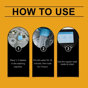 Step-by-step usage guide for effervescent washing machine cleaning tablets in three phases.