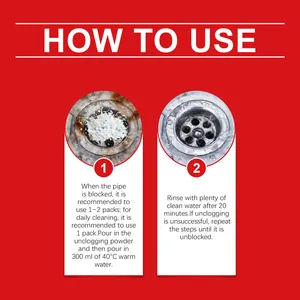 Visual guide showing how to use drain unclogging powder with two-step instructions