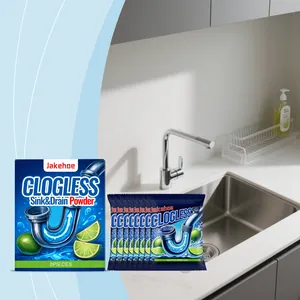 Jakehoe Rohrreiniger Pulver 8er Pack Set in einer sauberen Küchenspüle präsentiert.