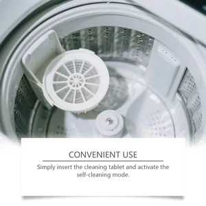 Instructional view showing how to use washing machine cleaning tablets in a washer drum
