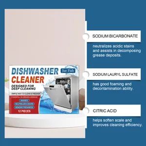 Detailed view of Jue Fish dishwasher cleaner tablets showing active ingredients and functions