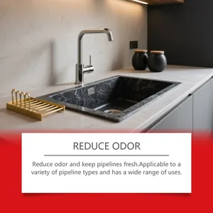 Sink scene showing kitchen drain deodorizer function for reducing odor in pipelines