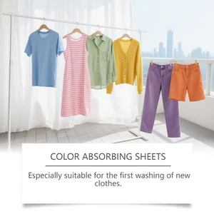 Detail view showing colorful laundry hanging, illustrating color absorbing sheet benefits