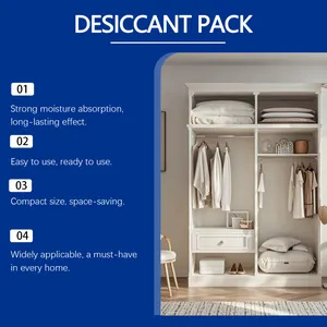 Detail view of household desiccant usage in a clean white wardrobe for moisture removal.