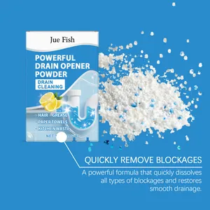 Detailansicht von Jue Fish Abflussreiniger-Pulver mit weißen und blauen Reinigungspartikeln