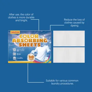 Detail view of Jakehoe color absorbing laundry sheets with feature descriptions