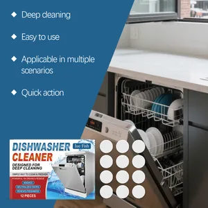 Powerful dishwasher cleaner tablets pack with 12 pieces shown in a modern kitchen setting