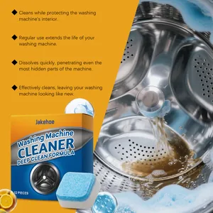Detail showing washing machine cleaner tablet and deep cleaning action in drum