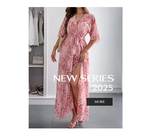 Elegant pink floral wrap maxi dress with adjustable waist tie and stylish leg slit