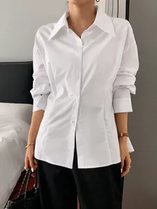 Women's Elegant White Long Sleeve Button Up Shirt Casual Loose Fit Lapel Blouse For Vacation Office Minimalist Woven Top