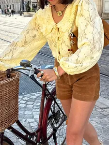 Women French Retro Lace Blouse Peter Pan Collar Elegant Ruffle Lantern Sleeve Hollow Out Tie Up Solid Color Polyamide Top
