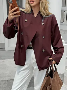 Elegant burgundy double-breasted blazer for women, detailed front view with buttons