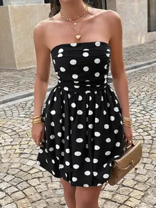 French Vintage Polka Dot Bandeau Dress For Women Elegant Strapless Mini Dress Sleeveless Viscose Polyamide Summer Vacation Dress