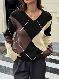 Chic V-neck color-block argyle pattern long sleeve knit sweater for women's street style
