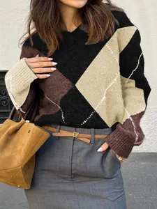 Detailed view of women's argyle color-block long-sleeved knit sweater for autumn winter