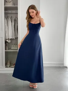 Elegant navy blue camisole maxi dress with pleated bust detail for summer vacation