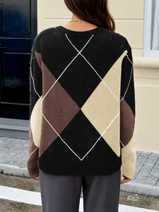 Close-up back view of women's argyle color-block long sleeve knitted sweater in black
