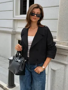 Casual black cropped jacket for women featuring double-breasted buttons and wide lapels