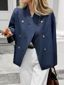 Elegant navy blue double-breasted suit jacket for women, chic fall office wear