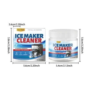 Dimensions of Jue Fish ice maker cleaner tablets in 5.6x5.8cm box and jar packaging