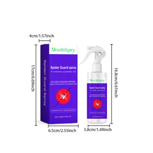 Spray anti-araignées MoonSpry 100ml avec les dimensions détaillées de boîte et flacon
