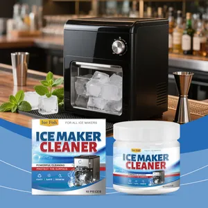 Jue Fish ice maker cleaner tablets box and jar in professional bar setting