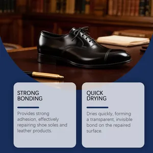 Detail view of leather shoe showing strong bonding and quick drying effects of repair glue.