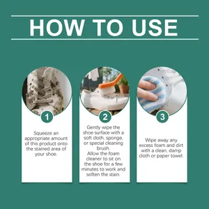 Instructional guide showing three steps to clean white sneakers with foam cleaner