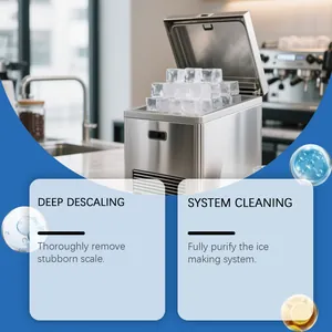 Detail of ice maker cleaning tablets showing deep descaling and system purification.