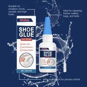 Close-up of Jakehoe 30g shoe glue bottle and box showing water-resistant features