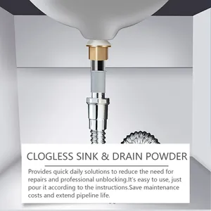 Detail showing sink drain maintenance with clogless cleaning powder for pipes.