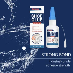 Detail showing Jakehoe shoe glue bottle and packaging with waterproof water splash.