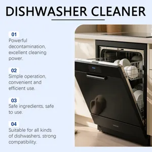 Grafiek met vier voordelen van vaatwasserreiniger en een scène in de moderne keuken