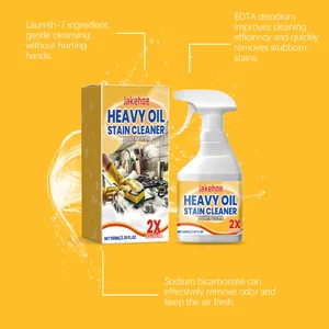Vista detallada informativa del spray limpiador Jakehoe para manchas de aceite pesado y su caja