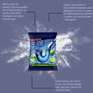 Jakehoe sink and drain powder ingredient detail showing baking soda and lemon extract