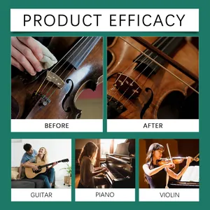 Escenas de uso de desecante para instrumentos en guitarra, piano y violín con efectos antes después.