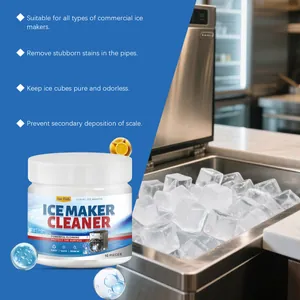 Close-up of Jue Fish ice maker cleaner tablets jar with commercial kitchen scene.