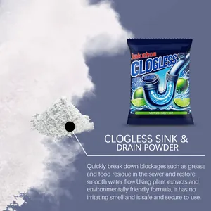 Detail of JAKEHOE sink and drain clog remover powder showing texture and effective formula
