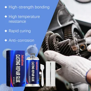 Jakehoe industrial casting repair glue set showing application tools and metal repair